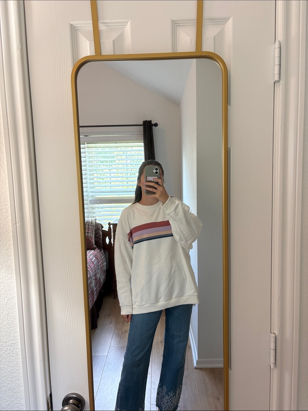 American Eagle Outfitters White Crewneck Sweatshirt with Pink and Blue Stripes